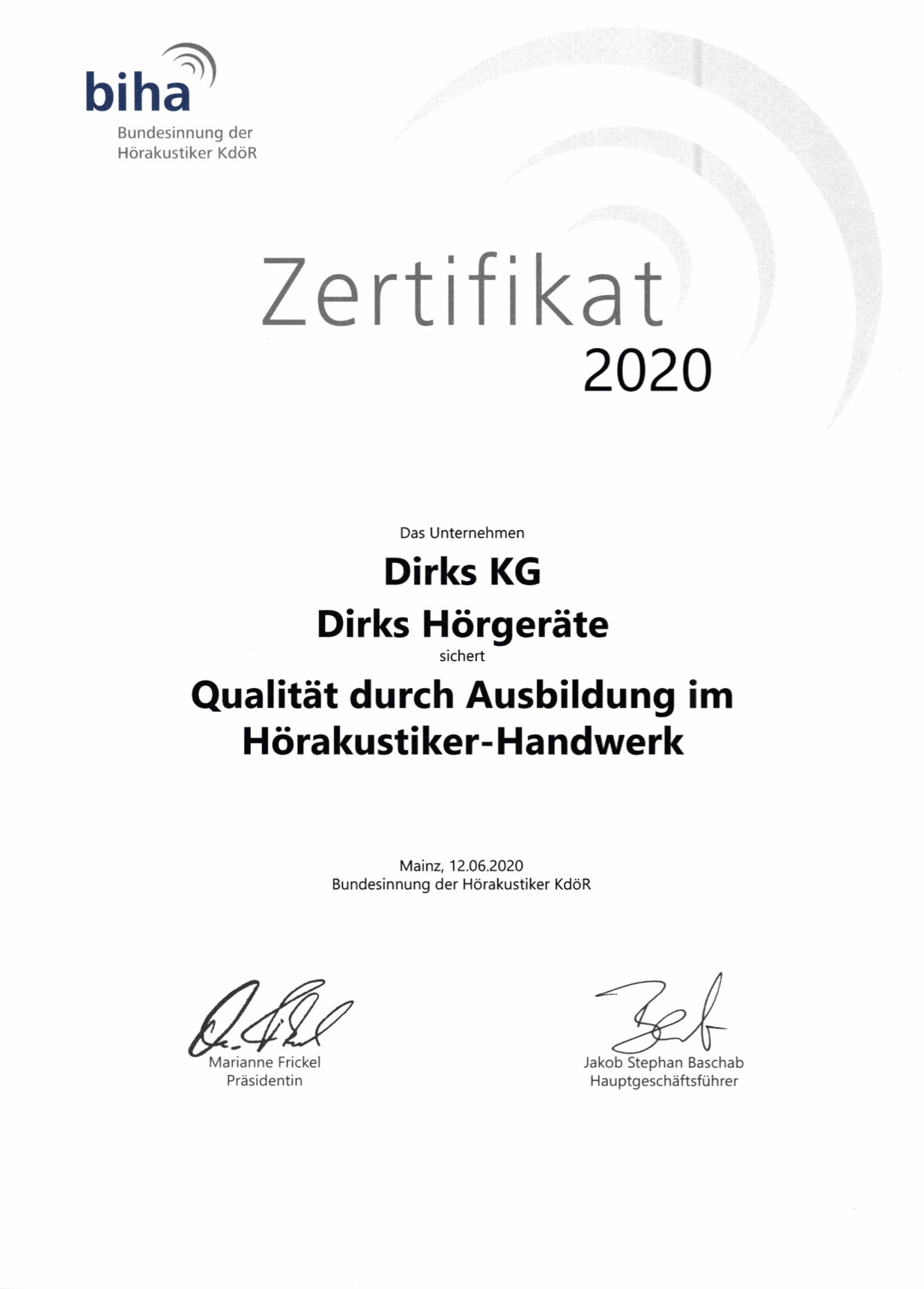 Zertifikat BiHA